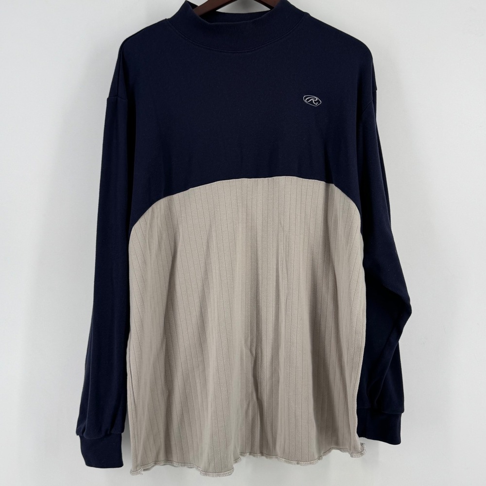 Rawlings Mens XL Long Sleeve Mock Neck Colorblock Ribbed Shirt Navy Blue Tan